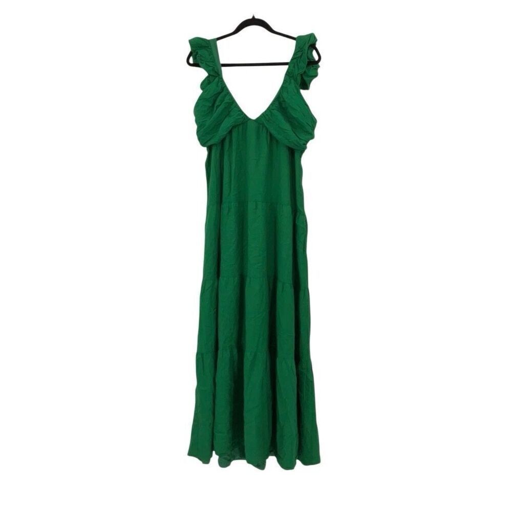 Jason Wu Green Linen Blend Sleeveless V-Neck Tiered Pleated Maxi Dress Size XL